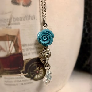 Blue romantic rose necklace - Rose sculpture  pendant -  Multi charm floral necklace