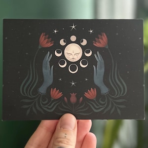 Friendly moon postcard, A6 mini art print, boho art, spiritual card, mystical art,  moon phases print, moon and stars card, flowers and star