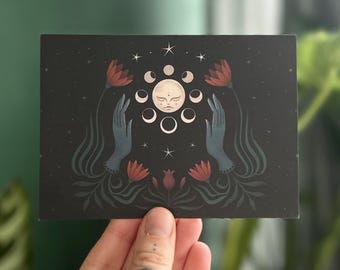 Friendly moon postcard, A6 mini art print, boho art, spiritual card, mystical art, moon phases print, moon and stars card, flowers and star