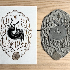 Op de afbeelding: Een zwarte en gouden print van een konijn dat opgerold ligt in een schelp met sterren en bladeren eromheen. De print is op een witte achtergrond.