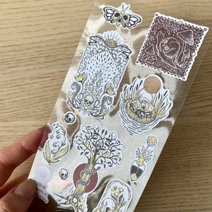 Feuille d'autocollants en papier, autocollants bujo/planner/scrapbook, autocollants tête de mort, autocollants macabres, autocollants fantasmagoriques, autocollant feuille d'or