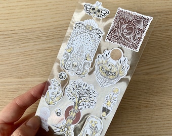 Paper sticker sheet, bujo/ planner/ scrapbook stickers, skull stickers, macabre stickers, spooky stickers, gold foil sticker