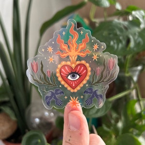 Cuore sacro: adesivo in vinile trasparente, adesivo trasparente resistente alle intemperie, occhio che tutto vede, cuore fiammeggiante, cuore sacro, arte popolare, spirituale
