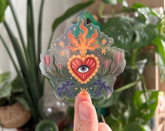 Sacred heart - see through vinyl sticker, weatherproof, transparent sticker, all seeing eye, flaming heart, holy heart, folk art, spiritual