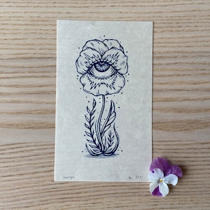 Original linocut print "Panseye", pansy / floral art, creepy flower artprint in dark blue on cream colored paper, small blockprint, eye art
