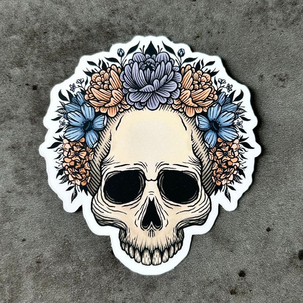 Flower skull sticker. Matte vinyl sticker, waterproof sticker, stickerart, floral skull art, studio ao design