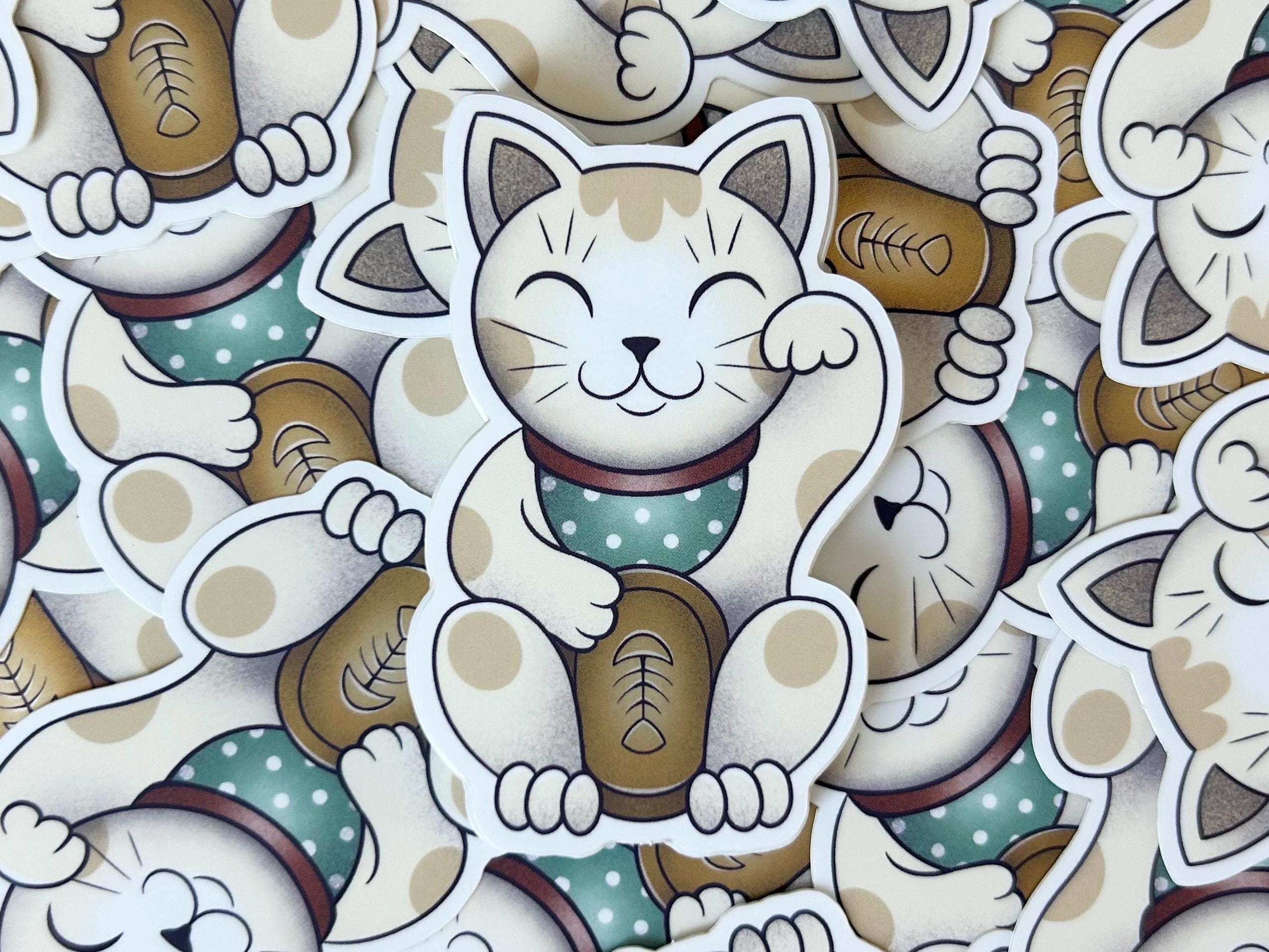 Maneki-Neko sticker, lucky cat vinyl sticker, Japanese inspired, waving cat, weatherproof, waterproof sticker, matte mirrored sticker