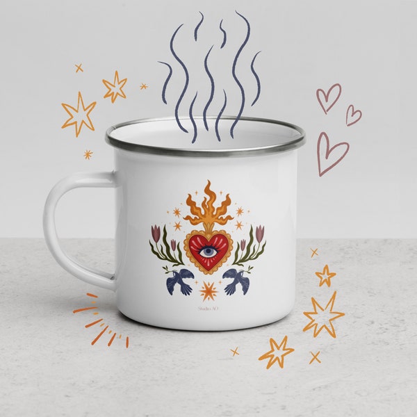 Sacred heart emaille mug. Colorful original art mug. Cheerful gift. Flaming heart mug. Camping gear. Camping mug