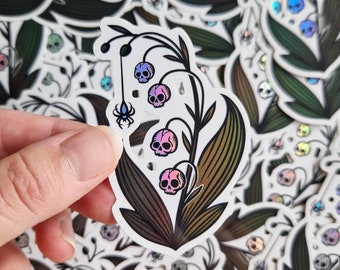 Revive- holographic vinyl sticker, weatherproof, waterproof sticker, lilly of the valley skulls, cute and spooky flower, studio ao design
