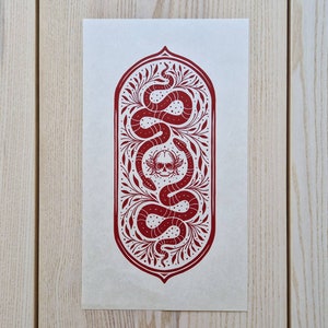 Original linocut print "Anguis"/ snake and skull art, red on natural washi, 20x35 cm block print. boho homedecor, Gothic wall art