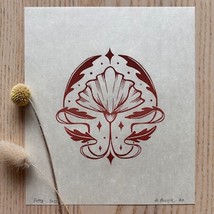 Original linocut print “Poppy”. Earthy art nouveau block print, witchy art, flower art print, boho home decor, delicate floral print