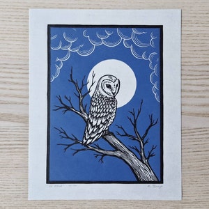 Original linocut print &quot;Up above&quot; 8x10 inches, blue and black ink, owl blockprint, owl and moon artwork, wall art, owl in tree artprint