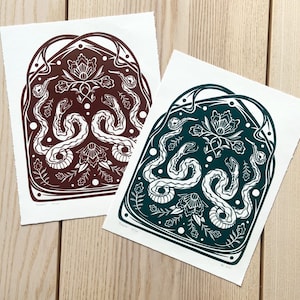 Impresión linograbada original "EUNOIA" impresión lino serpiente/serpiente de edición limitada. 30x23cm. estampado de bloques art nouveau verde, decoración del hogar boho folklórica