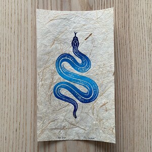 Original linocut print “The serpent”. Blue gradient block print on handmade gampi paper- snake artwork - tattoo style - open edition