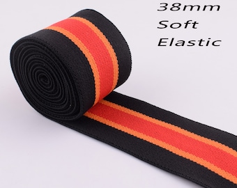 38mm Elastic Ribbon,1.5‘’ Wide Double-side black orange red stripes Elastic Band,Soft Comfortable Elastic Trim,Sewing stretchy tape webbing