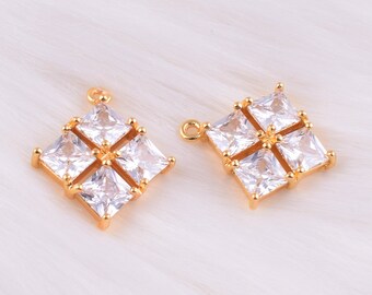 18K Gold plated pendant,Rhombus charm CZ rhinestone pendant for necklace earring jewelry making,Bling bling drop pendant 2 pcs (JB042)