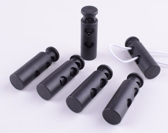 Cord Lock,40mm 20 pcs Cylindrical Black Plastic Spring Cord Stopper Rope End Toggle Clip Buckle,Double Hole Drawstring Lock