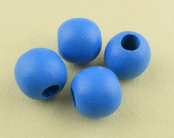 May include: Four blue wooden beads with a hole in the center. The beads are smooth and have a matte finish.