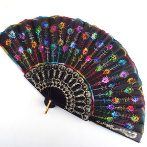 Hand Fans,Chinese Silk Fans,9 inch Length Rainbow peacock folding fan fashion flower  Folding Fans for performing props/Wedding/Summer Gift