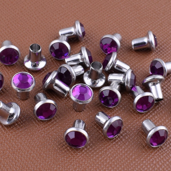 Purple Rhinestone Rivet Studs,6mm Small Single Cap crystal rivets,Brass Fashion Studs Leather Purse Decoration rivets hardware 50 pcs