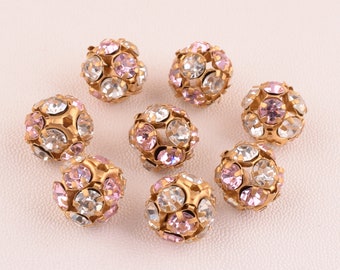 Rhinestone beads,11mm White Pink Rhinestone Round beads,High Quality Hollow Crystal Spacers beads for Hair Craft DIY Jewelry Making 6 pcs