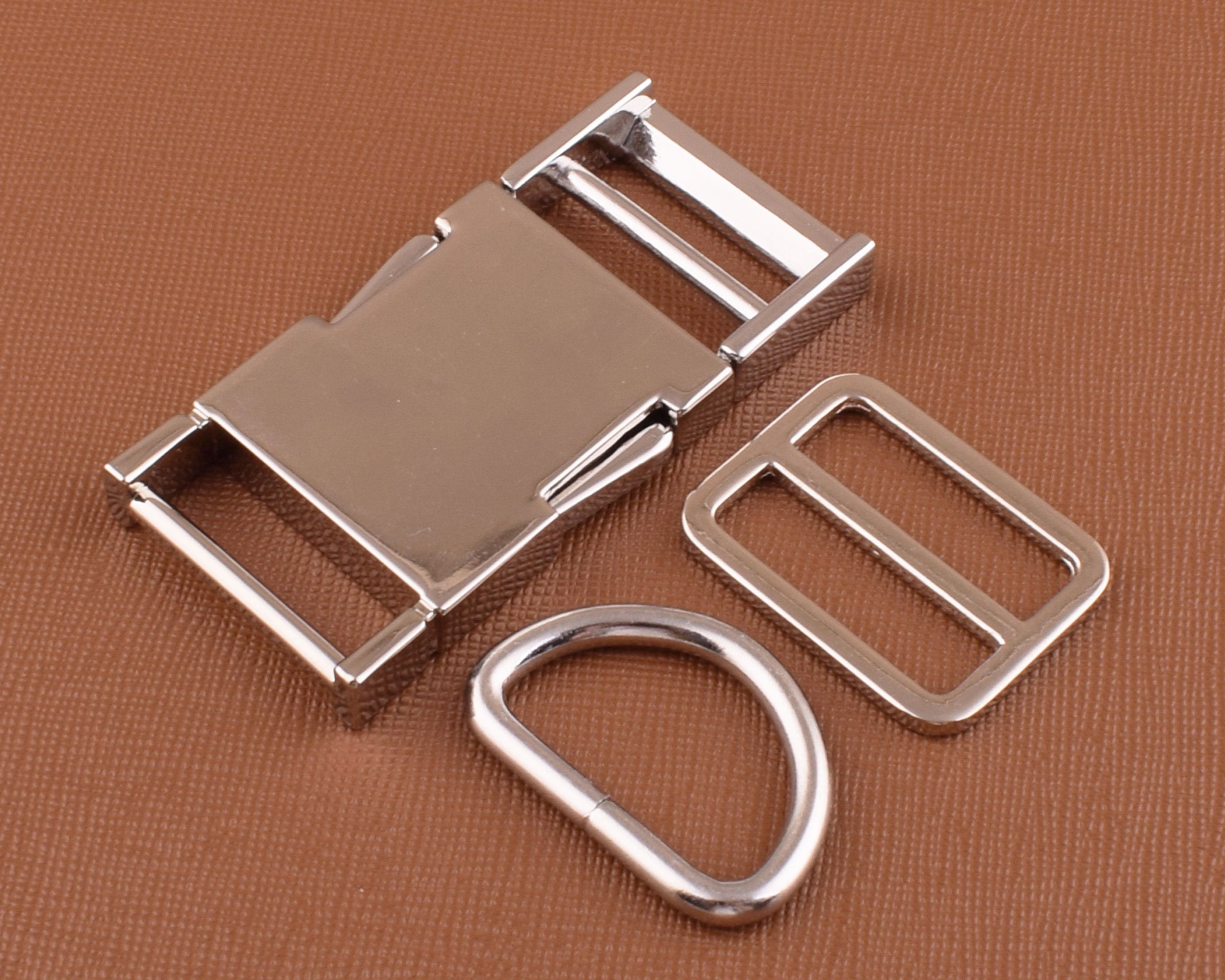 (metal buckle+adjust buckle+D ring+metal dog clasp/set)Engraved DIY dog  collar silver 20mm webbing sewing parts premium quality