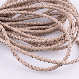 Leather cord 4mm,Beige Genuine leather lace beading string,High-Quality cowhide leather round braided cord for Jewelry bracelet necklace