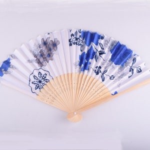 Hand Fans Chinese Silk Fans Blue and white porcelain style  flower Bamboo Folding Fans for Wedding Party Gift,Art Nouveau folding hand fan