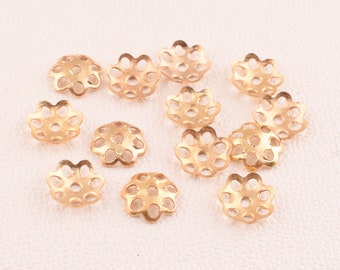 6mm oro flor perla gorras, oro filigrana perla, perlo delgado texturizado, tapa de extremo de metal de latón encantos, perfecto ajuste cuentas joyería 100 piezas