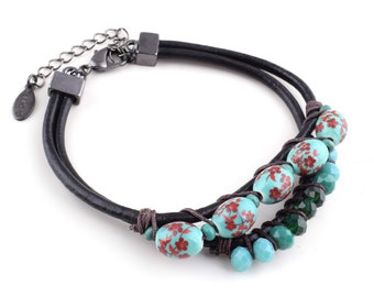 Leather bracelet cord ceramic beads,8'' Black Boho Hippie bracelet,Chinese bracelet,Genuine leather bracelet for men for women,Lucky gift
