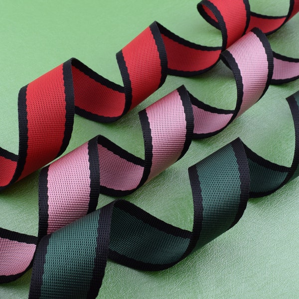 Nylon webbing decorative ribbon,1 inch(25mm)Green/pink/red stripes bag strap smooth soft woven tape for purse clothing gift wrapping making