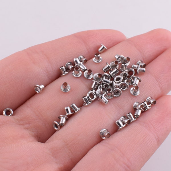 Mini œillet œillet, œillets métalliques en laiton trou de 1mm œillets petits œillets rapides en argent pour cuir / papier / noyaux de perles matériel d’artisanat 200+ pcs