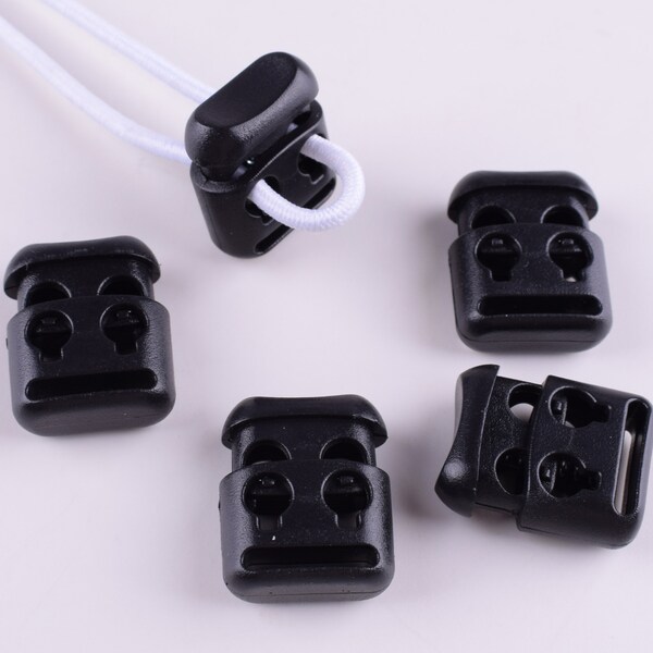 Spring Cord Lock,16*19MM Black Plastic Cord Stopper,Double Hole Rope End Toggle Clip Buckle FOR FACE MASK 20 pcs