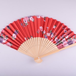 Hand Fans Chinese Silk Fans Red flower Bamboo Folding Fans for Wedding Party Gift,Art Nouveau style folding hand fan Handheld for Summer