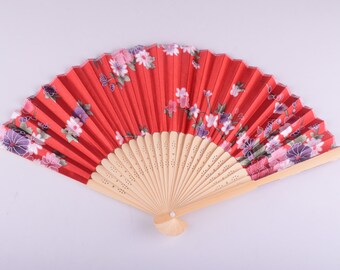 Hand Fans Chinese Silk Fans Red flower Bamboo Folding Fans for Wedding Party Gift,Art Nouveau style folding hand fan Handheld for Summer