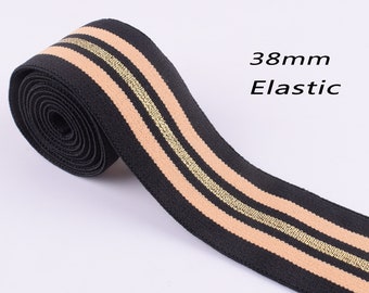 1.5'' Elastic band,Black gold Stripes webbing strap,38MM Soft Cotton ribbon Stretchy Tape Waistband Clothing Hair Crafts Accessories