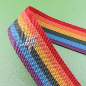 以下が含まれることがあります： 中央に銀色の星がついた虹色のストライプのウェビング。ウェビングは赤、オレンジ、黄、緑、青、紫、黒です。