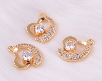 18 K Gold plated charm heart pendant,CZ pave rhinestones charms in bulk,Bridesmaid crystal jewelry earring necklace DIY making  (JB017)