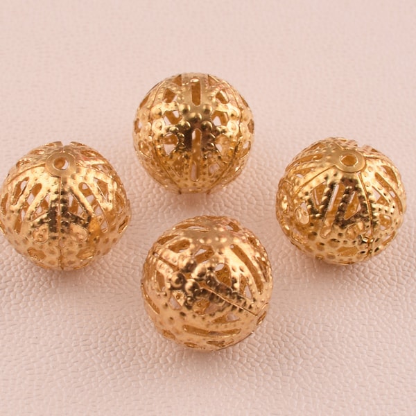 Gold Filigree Beads,20 Pcs 12mm Round Hollow spacer beads,DIY Craft Copper Metal Beads for jewelry bracelet Necklace making