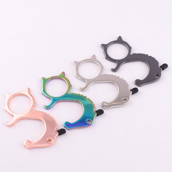 Sturdy Beer Bottle Opener Portable Cat Shape Drink Openers Rainbow No-Touch Door Opener Tool Keychain Pendant for Gifts
