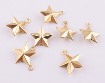 Gold star charms pendant,Bright brass golden stars,Double Sided Nautical Star,16x14x4mm 3D lucky star bulk charms jewelry findings 20 pcs