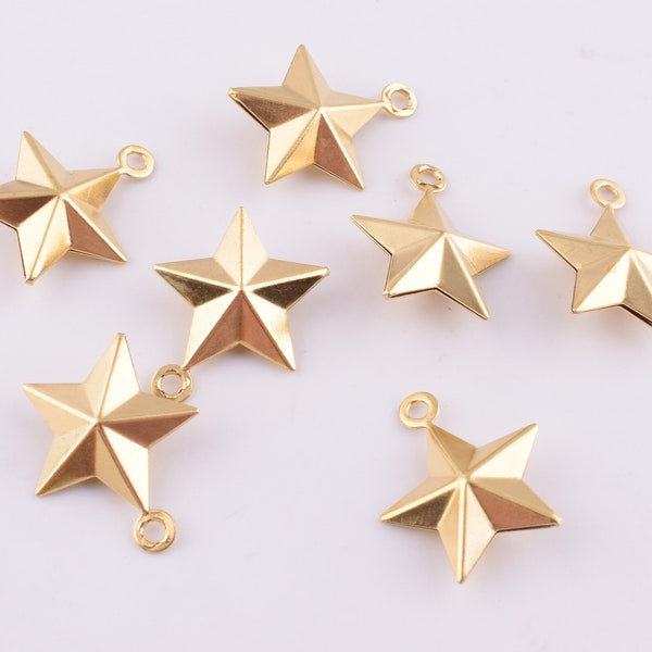 Gold star charms pendant,Bright brass golden stars,Double Sided Nautical Star,16x14x4mm 3D lucky star bulk charms jewelry findings 20 pcs