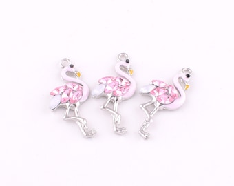 Flamingo charms pendant,Pink Birds charm,enamel charms bulk,Pink rhinestone feathers ,Tropical charms jewelry craft accessories 6pcs/12 pcs