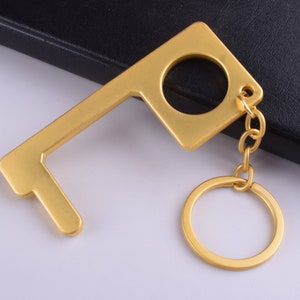 Door Opener,Gold No Touch Hygienic Door Opener,Zinc alloy metal Button Pusher Keychain Key rings Touch-free tool clean key