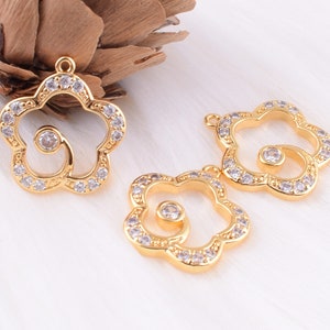 Flower rhinestones charm,Exquisite pendants,14*15 mm Gold plated CZ pave shiny filigree charm for necklace jewelry making 2 pcs (JB030)