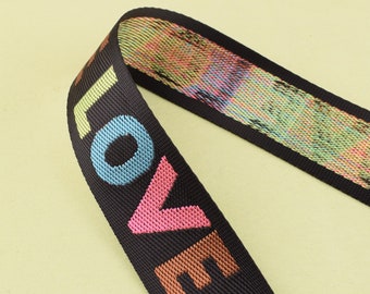 Amour coloré de sangle,1.5 pouce (38mm)Sangle en nylon noir, Lettres colorées "LOVE" ruban d'artisanat pour le sac à dos/DIY Couture/fabrication de collier de chien