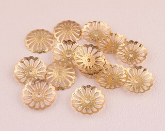 Casquettes de perles d'or, 14mm Or Thin Textured Flower Beadcap,Copper metal,Gold Filigree End Caps Charms Bijoux Trouver 100 pcs