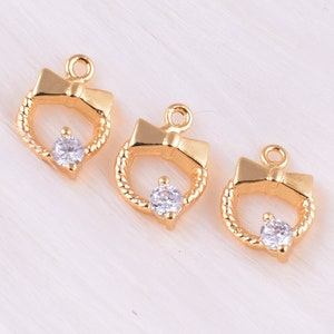 Cubic Zirconia charm,11*7 mm exquisite gold plated bowknot pendants rhinestone charm in bulk for necklace jewelry making 6pcs (JB037)