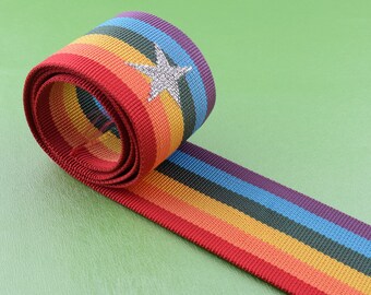 Rainbow Stripes webbing,2''(50mm)Thick colorful nylon ribbon with Silver star,Woven tape handle belt strap fabric webbing for DIY making