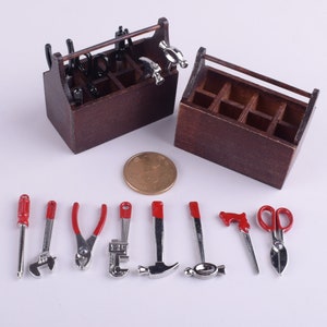 Mini toolkit,tool model,Dollhouse Miniature Tool,Black/red Metal wrench hammer scissor Model Set,Wooden tool box,Parts Toys Hobbies (gift)